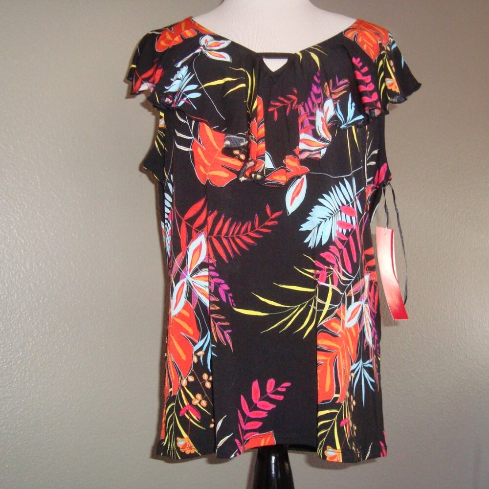 NWT Sunny Leigh Black Sleeveless Ruffle V-Neck Blouse Top sz L